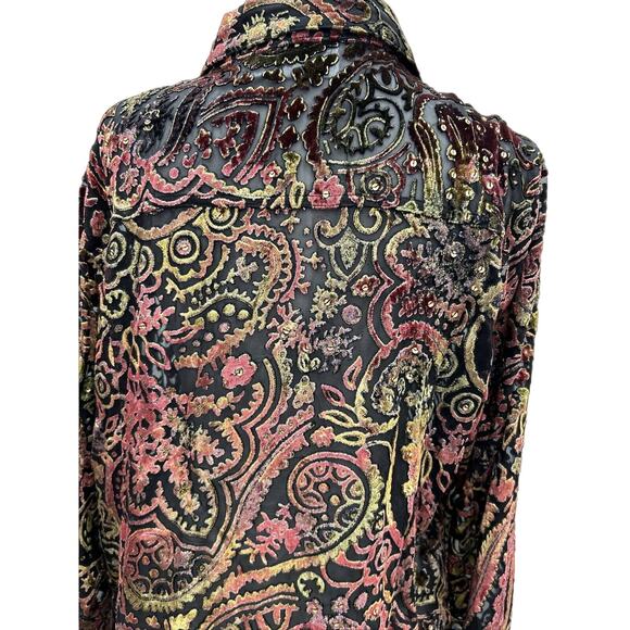 Chicos Sz 2 Lg Black Multicolored Open Velvet Burnout Relaxed Cardigan Blouse - Picture 6 of 11